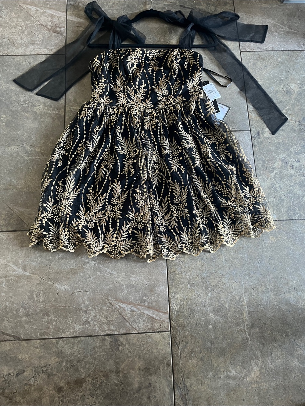 Trixxi Black Mini Dress with Gold Embroidered Vine Detail